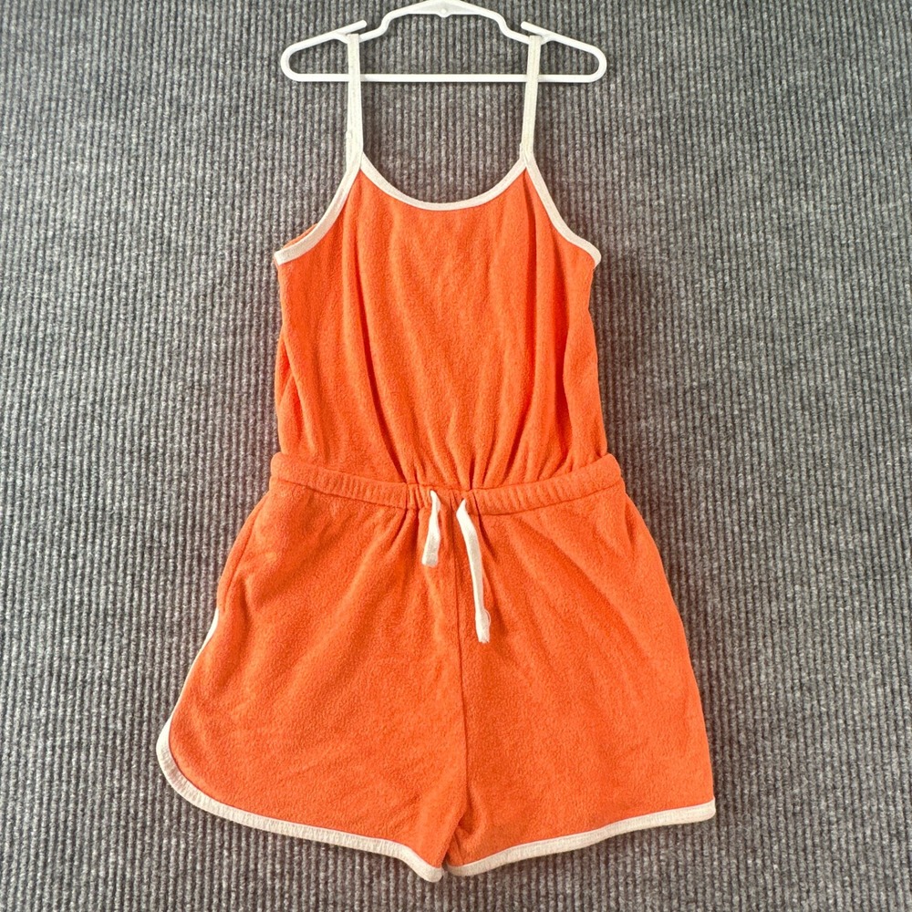 Orange Terry Cloth Sleeveless Romper Spaghetti Strap Drawstring Waist Shorts